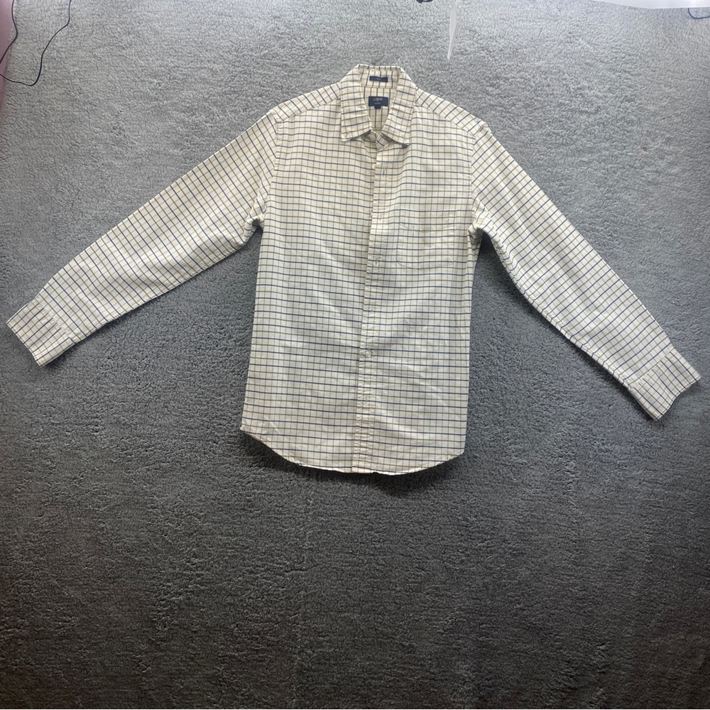 J Crew Mens Button Down Shirt Small flex oxford plaid slim white blue Wit Pocket
